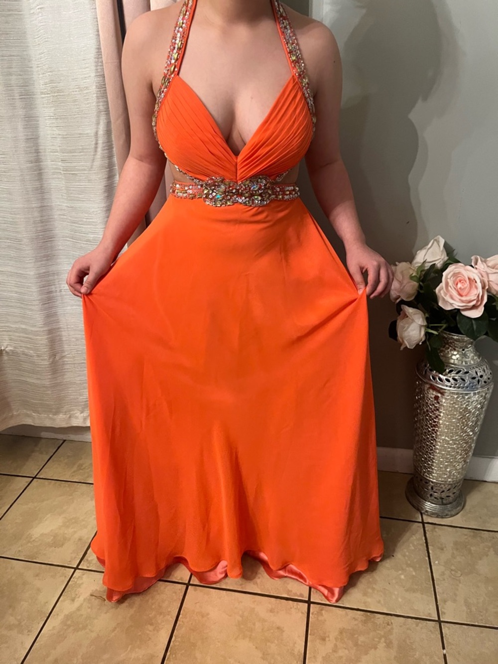 Nina Canacci Vibrant Orange Halter Prom Gown with Beaded Waist